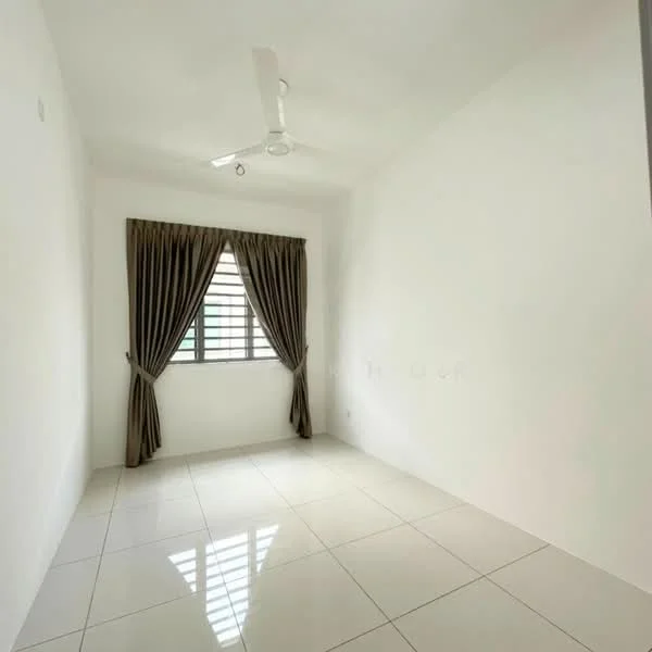 Room features: white painted walls, glossy white tile flooring, ceiling fan, floor-to-ceiling window, brown curtains; style: minimalist.