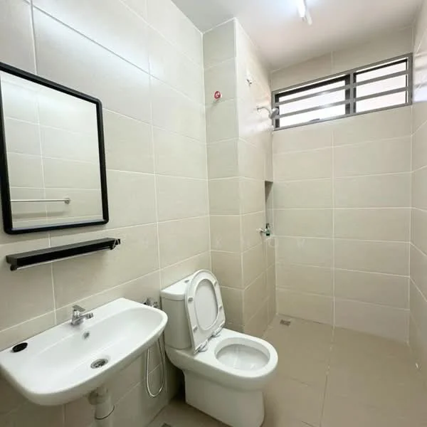 Bathroom features: white tiled walls, cream tiled flooring, single-sink vanity with mirror, chrome basin mixer faucet, one-piece toilet, window with metal grille, wall-mounted shelf, light fixture on ceiling; style: modern.