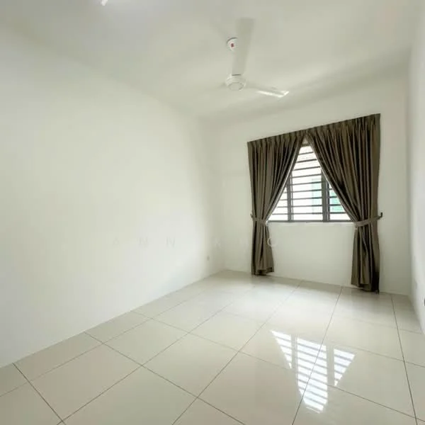 Room features: white painted walls, glossy ceramic tile flooring, ceiling fan, window with horizontal bars, brown curtains, natural light from window.