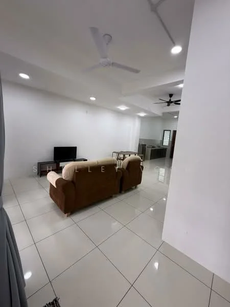 Living features: cream painted walls, white ceiling, recessed downlights, 5-blade ceiling fan, 2-seater fabric sofa in brown, 3-seater fabric sofa in brown, flat-screen TV on console, glossy white tile flooring; style: modern. Room features: open layout, kitchen area visible in background.