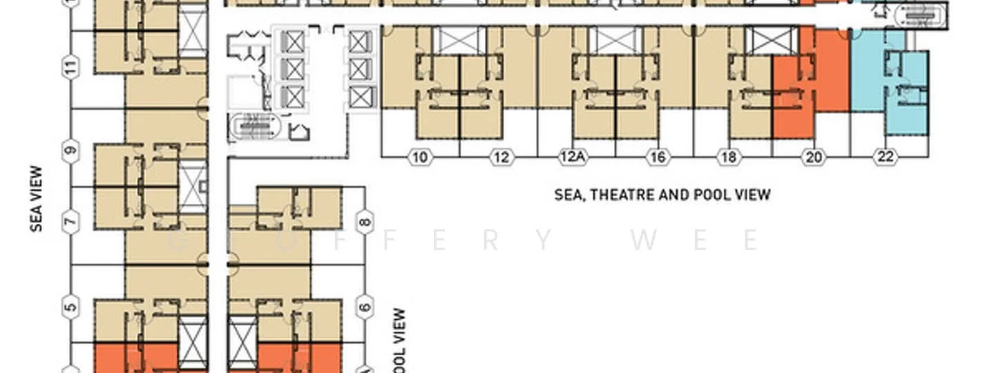 Floor plan: 10-bedroom 10-bathroom unit; features: open-plan kitchen-dining-living, master bedroom with ensuite bathroom, all bedrooms with windows, utility room, balcony off living room, central foyer, 2 car porch, private terrace, north-facing master, sea view from select units, theatre view from select units, pool view from select units.