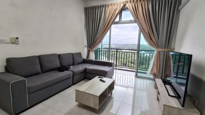 Living features: L-shape sectional sofa in grey, coffee table with wooden legs, wall-mounted TV, floor-to-ceiling sliding glass door, curtains in beige, white painted walls, glossy tile flooring, balcony view of greenery; style: modern; view: garden.