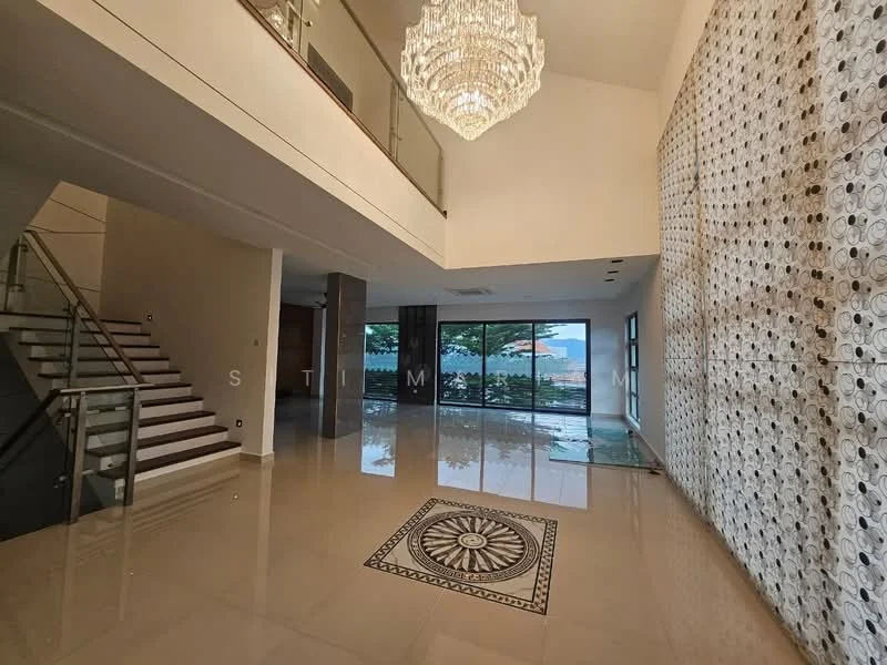 Room features: chandelier, high ceiling, polished marble flooring, decorative wall with circular pattern, large glass windows, staircase with glass railing, open layout, natural light, view of outdoor greenery; style: modern; view: garden.