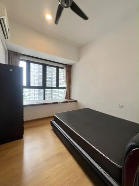 Bedroom features: wooden flooring, white painted walls, floor-to-ceiling windows, black bed frame without mattress, 1 wall-mounted split AC, ceiling fan, curtains, window ledge; style: modern; view: city.
