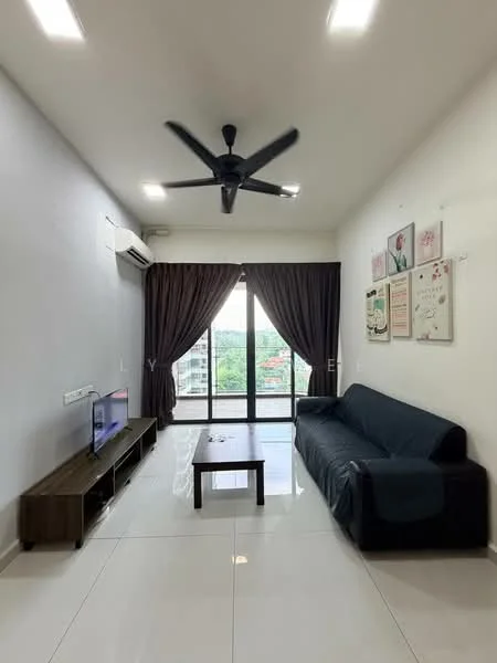 Living features: 3-seater fabric sofa in navy blue, coffee table, wall-mounted TV, TV console, floor-to-ceiling windows, sliding glass door, dark curtains, white painted walls, polished ceramic tile flooring, 1 wall-mounted split AC, 5-blade ceiling fan with light, decorative wall art; style: modern; view: city.