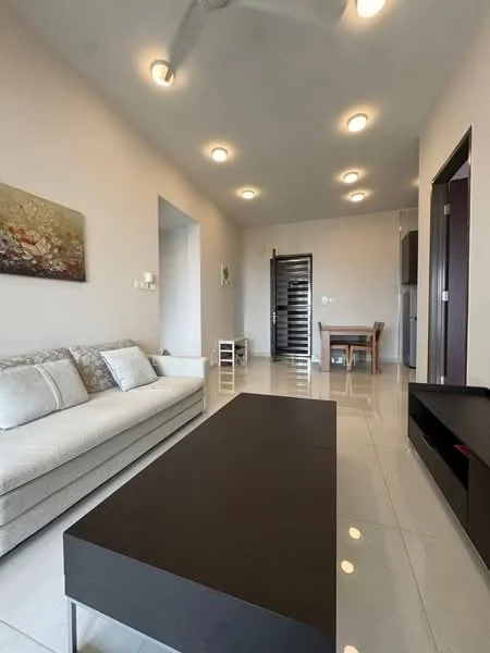 Living features: 3-seater fabric sofa in light grey, black coffee table, wall-mounted TV console, recessed ceiling lights, white painted walls, glossy tile flooring, ceiling fan, decorative artwork on wall, dining table with chairs visible in background; style: modern.