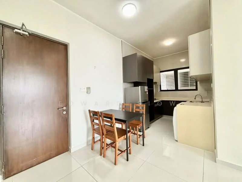 Kitchen features: white painted walls, glossy tile flooring, single-bowl stainless-steel sink, chrome pull-down faucet, white cabinetry, black countertop, built-in refrigerator, freestanding washing machine, 4-seater dining table with wooden chairs, window with horizontal blinds, LED ceiling light; style: modern.