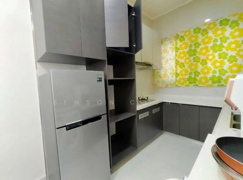 Kitchen features: grey cabinetry, stainless-steel fridge, white countertop, wall-mounted kitchen hood, built-in shelving, floral patterned window treatment, ceramic tile flooring, single-bowl stainless-steel sink, chrome pull-down faucet; style: modern.