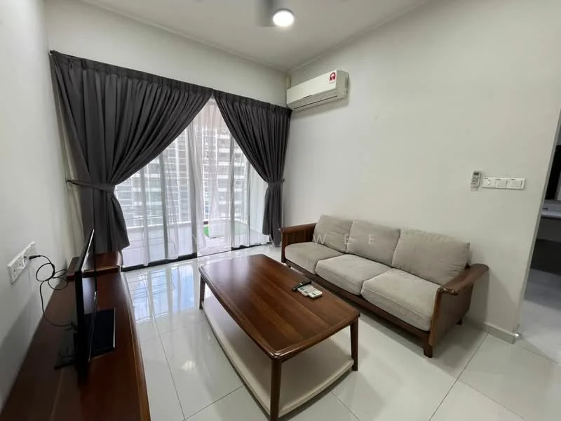 Living features: 3-seater fabric sofa in light grey, wooden coffee table, wall-mounted TV, floor-to-ceiling windows, sheer curtains, blackout curtains, 1 wall-mounted split AC, white painted walls, glossy tile flooring, recessed downlights; style: modern; view: city.