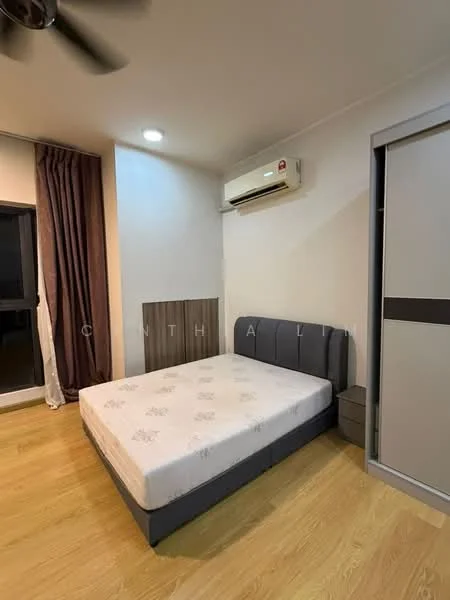 Bedroom features: queen-size bed, upholstered headboard, wooden bedside table, wall-mounted split AC, floor-to-ceiling window, sheer curtains, laminate flooring, grey accent wall, light-colored wall, ceiling fan; style: modern.