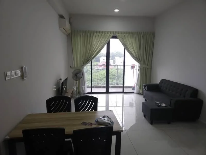 Living features: grey fabric sofa, 2-seater sofa, wooden dining table, 4 black dining chairs, floor-to-ceiling sliding glass door, curtains in light green, wall-mounted air conditioning unit, ceiling lights, white walls, glossy white tile flooring, TV console, fan, decorative items on table; style: modern; view: garden.