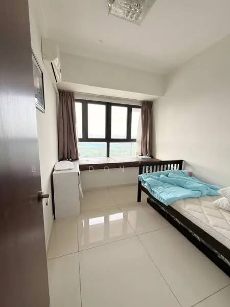 Bedroom features: single bed, light blue bedding, floor-to-ceiling windows, curtains, white painted walls, glossy tile flooring, air conditioning unit, built-in wardrobe, window sill with view, ceiling light fixture; style: modern; view: city.