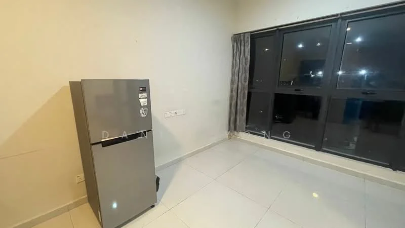 Room features: grey fridge, white walls, large windows, grey curtains, tile flooring, neutral color scheme, visible electrical outlets; style: modern; view: city.