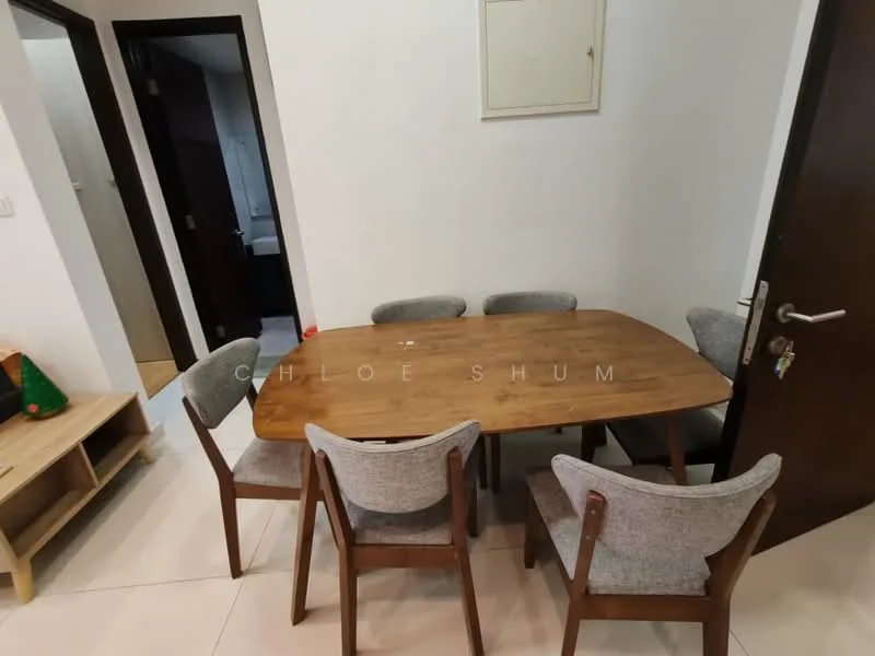 Dining features: oval wooden dining table, 6 upholstered dining chairs with wooden legs, white painted walls, tile flooring, decorative wall art, doorway leading to another room; style: modern.