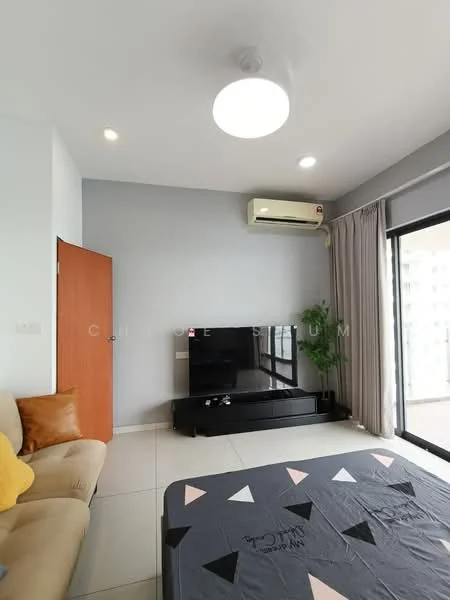 Room features: grey painted walls, white ceiling with recessed lighting, floor-to-ceiling sliding glass door, curtains, wall-mounted air conditioning unit, black TV console, flat-screen TV, sofa in beige, tile flooring, decorative plant in pot; style: modern; view: city.