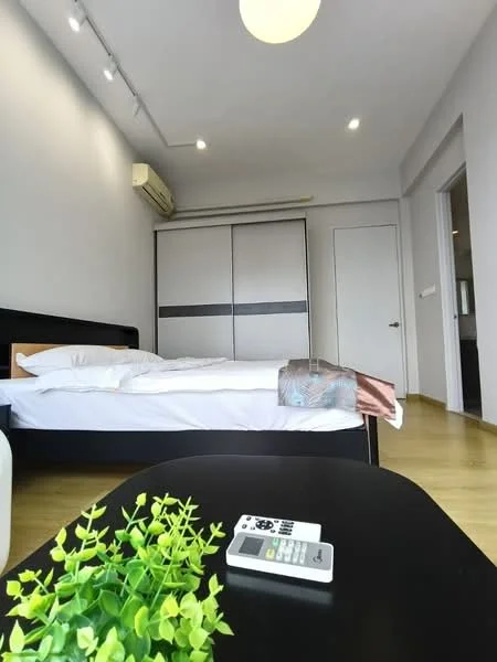 Bedroom features: queen-size bed, white bedding, wooden flooring, built-in wardrobe with sliding doors, wall-mounted air conditioning unit, recessed ceiling lights, light fixture on ceiling, decorative plant on bedside table, remote control on table, neutral wall color, door leading to another room; style: modern.