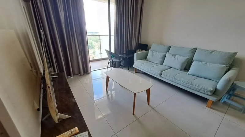 Living features: 3-seater fabric sofa in light blue, coffee table with white top and wooden legs, floor-to-ceiling windows, curtains in light brown, tile flooring, decorative wall art, side table, greenery view from window; style: modern; view: garden.