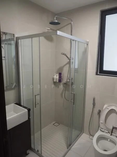 Bathroom features: glass shower enclosure, rain shower head, handheld shower, white ceramic sink, dark wood vanity cabinet, modern faucet, white toilet, wall-mounted mirror, tile flooring, light-colored wall tiles, window for natural light; style: modern.