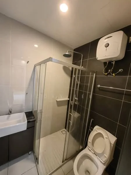 Bathroom features: glass shower enclosure, rain shower head, handheld shower, white ceramic toilet, single-sink vanity with dark wood cabinet, white sink, mirror above sink, white wall tiles, dark grey wall tiles, ceiling-mounted water heater, recessed lighting; style: modern.