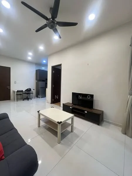 Living features: 3-seater fabric sofa in grey, coffee table with white top and black legs, TV console in dark wood, wall-mounted TV, ceiling fan with light, recessed LED downlights, white painted walls, glossy white tile flooring, curtains in light fabric, door leading to hallway, open layout to kitchen area; style: modern.