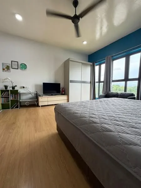 Bedroom features: queen-size bed, upholstered headboard, wooden flooring, floor-to-ceiling windows, grey curtains, ceiling fan, TV console, wall-mounted TV, built-in wardrobe, decorative wall art, bookshelf, decorative plant; style: modern; view: city.