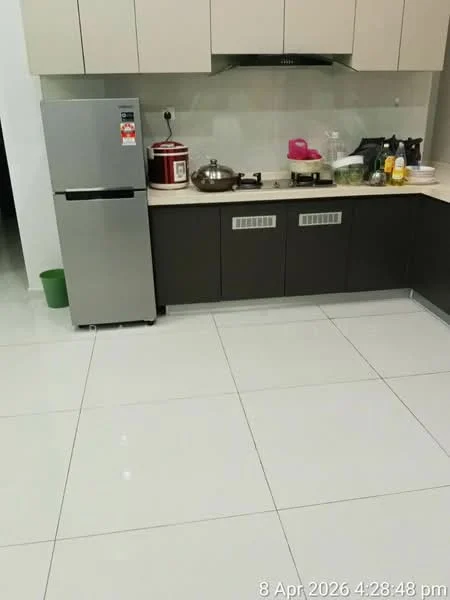 Kitchen features: stainless-steel fridge, built-in oven, 4-burner gas hob, exhaust hood, laminate cabinetry in dark brown, light-colored countertop, white tiled backsplash, ceramic tile flooring, wall-mounted storage, kitchen utensils on countertop, cooking pot on stove, green waste bin; style: modern.