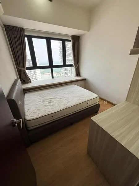 Bedroom features: queen-size bed, wooden flooring, floor-to-ceiling windows, curtains, built-in wardrobe, light-colored walls, wooden bedside table, view of the city skyline; style: modern; view: city.