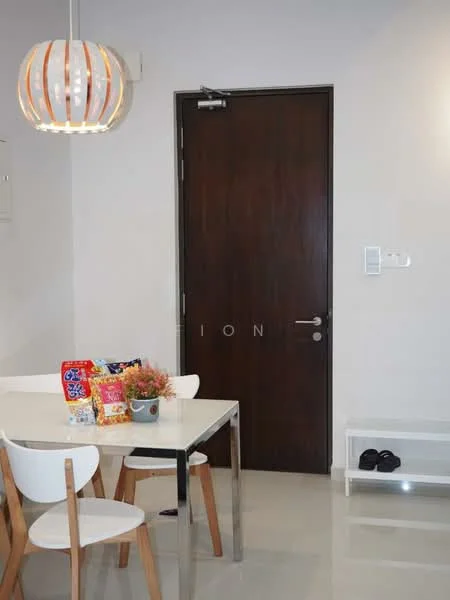 Dining features: white dining table, 4 white dining chairs, pendant light fixture, grey walls, glossy tile flooring, wooden door, door handle, small decorative plant, snack items on table, shoe rack, black slippers; style: modern.