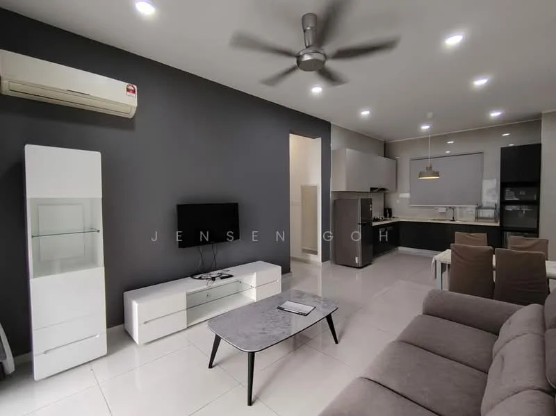 Living features: 3-seater fabric sofa in beige, coffee table with marble top, TV console, wall-mounted TV, 1 wall-mounted split AC, recessed LED downlights, grey accent wall, white tiled flooring, open layout to kitchen, sliding glass door to balcony; style: modern. Kitchen features: stainless-steel fridge, built-in oven, freestanding range oven, white cabinetry, black countertop, sink, window above sink, recessed LED downlights; style: modern.
