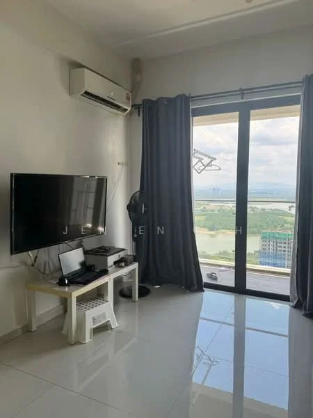 Living features: floor-to-ceiling windows, sliding glass door, grey curtains, white walls, polished tile flooring, wall-mounted TV, TV console, air conditioning unit, black office chair, white side table, computer monitor, gaming console; style: modern; view: city.