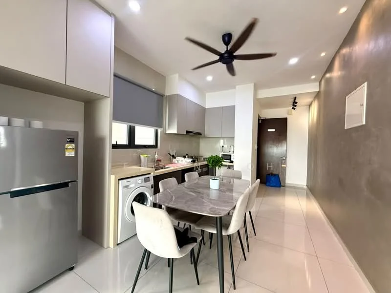 Dining features: 6-seater dining table with marble top, upholstered dining chairs, grey painted walls, white cabinetry, stainless-steel fridge, front-load washing machine, kitchen countertop, recessed LED downlights, 5-blade ceiling fan, sliding window treatments, ceramic tile flooring; style: modern.