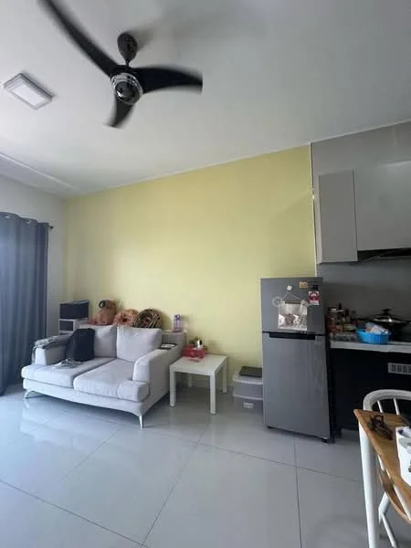 Living features: white sofa, black throw pillows, white coffee table, grey curtains, ceiling fan with light, tile flooring, yellow painted walls, refrigerator, kitchen cabinetry, kitchen countertop, sink, kitchen appliances on countertop; style: modern.