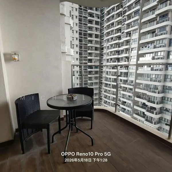 Balcony features: outdoor seating with two black wicker chairs, round glass-top table, floor-to-ceiling windows, wooden flooring, metal railing, view of surrounding high-rise buildings; style: modern; view: city.