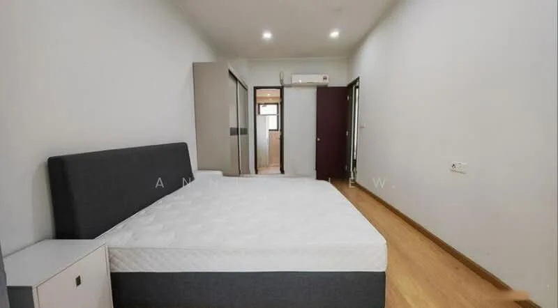 Bedroom features: queen-size bed, upholstered headboard, nightstand, wooden flooring, white painted walls, recessed downlights, wall-mounted air conditioning unit, built-in wardrobe, door to hallway; style: modern.