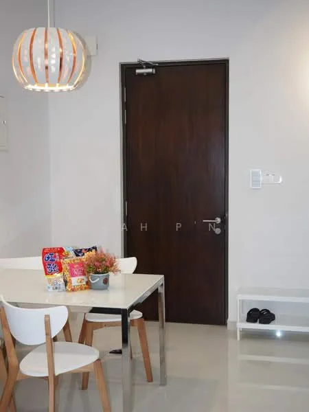 Dining features: white dining table, 4 white dining chairs, pendant light fixture, grey walls, glossy tile flooring, wooden door, wall-mounted intercom, decorative plant on table, snack items on table, open space, minimalist decor; style: modern.
