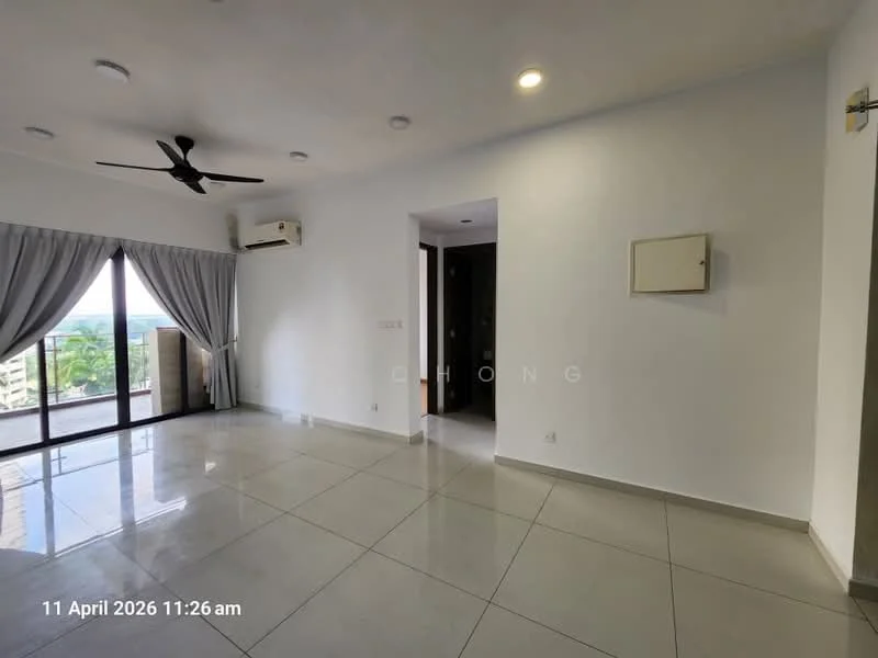 Living features: white painted walls, grey floor tiles, 5-blade ceiling fan, wall-mounted split AC, floor-to-ceiling windows, sliding glass door, curtains, recessed downlights; style: modern; view: city.