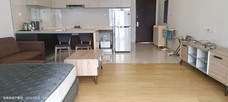 Living features: brown fabric sofa, wooden coffee table, TV console, wall-mounted TV, laminate flooring, open kitchen layout, refrigerator, bar stools, kitchen countertop, kitchen cabinets, sink, microwave, wall-mounted ironing board, door to hallway; style: modern.