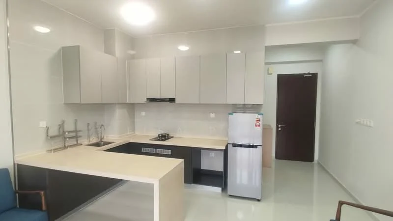 Kitchen features: grey cabinetry, white countertop, stainless-steel fridge, built-in gas stove, sink with faucet, wall-mounted cabinets, open shelving, tile backsplash, recessed lighting, white walls, polished tile flooring; style: modern.