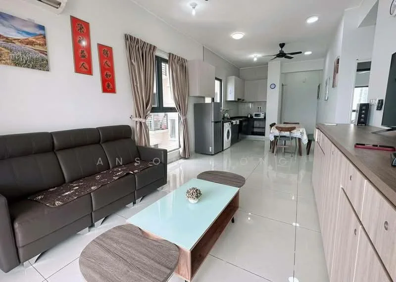Living features: 3-seater fabric sofa in dark grey, coffee table with wooden top, TV console, wall-mounted TV, recessed downlights, floor-to-ceiling windows, white painted walls, glossy ceramic tile flooring, ceiling fan, decorative wall art, dining table with chairs, kitchen area visible in background; style: modern.