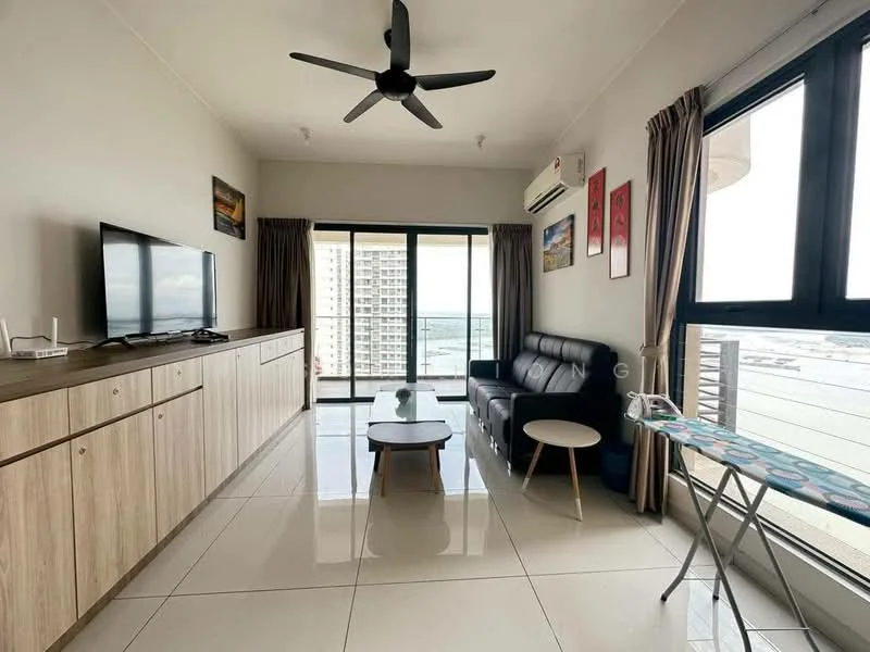Living features: 3-seater leather sofa in black, coffee table, wall-mounted TV, TV console with wood finish, floor-to-ceiling windows, sliding glass door, curtains, ceiling fan with light, air conditioning unit, decorative wall art, tile flooring, neutral painted walls; style: modern; view: city.