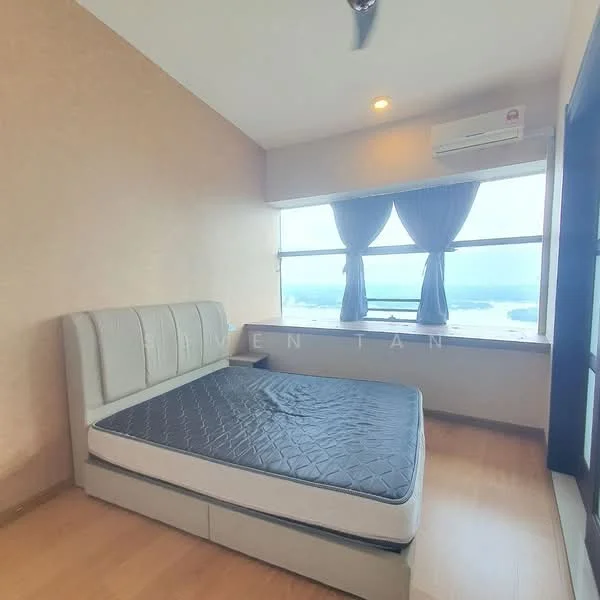 Bedroom features: queen-size bed, upholstered headboard, floor-to-ceiling window, city view, wooden flooring, 1 wall-mounted split AC, curtains, ceiling fan; style: modern; view: city.