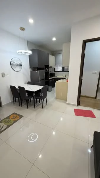 Kitchen features: white painted walls, glossy tile flooring, grey cabinetry, stainless-steel fridge, built-in oven, freestanding range oven, white countertop, kitchen island, pendant light, dining table with 6 chairs, window with blinds, recessed downlights; style: modern. Dining features: 6-seater dining table, upholstered dining chairs, decorative rug; style: modern.