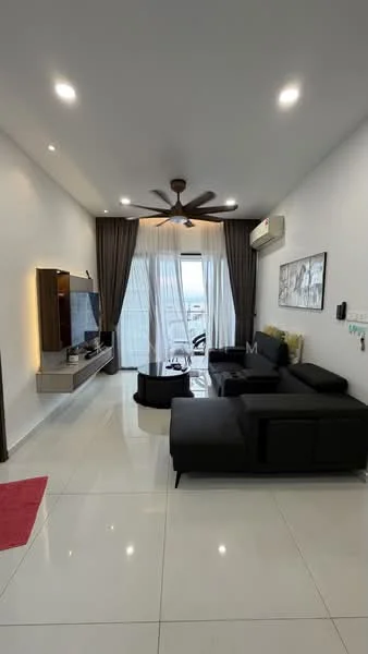 Living features: 3-seater fabric sofa in black, coffee table, wall-mounted TV, TV console, area rug in red, ceiling fan with light, recessed LED downlights, floor-to-ceiling windows with sheer curtains, white painted walls, glossy tile flooring, air conditioning unit; style: modern; view: city.