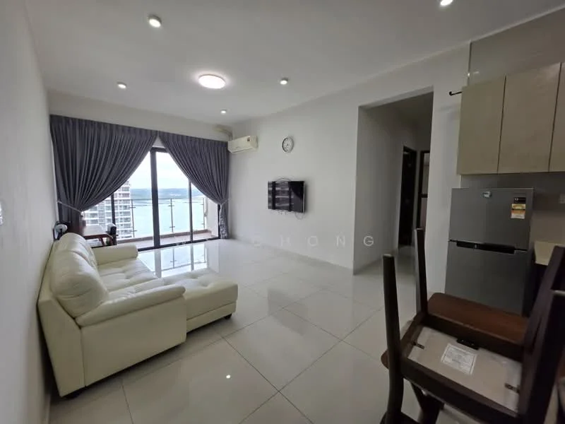 Living features: white leather 3-seater sofa, floor-to-ceiling windows, city view, wall-mounted TV, light grey painted walls, white ceiling with recessed downlights, marble tile flooring, air conditioning unit, decorative wall clock, dining table with wooden chairs; style: modern; view: city. Kitchen features: stainless-steel fridge, light wood cabinetry, countertop with space for appliances; style: modern.