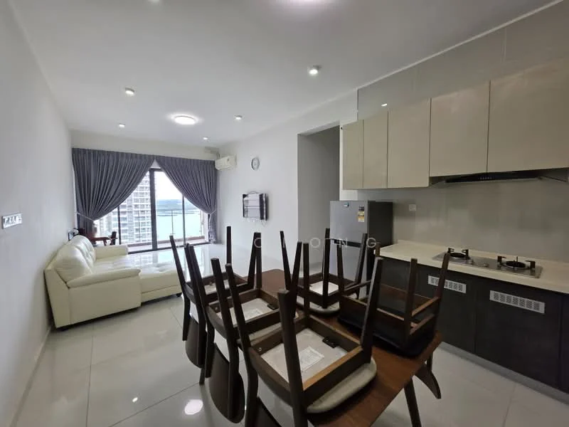 Living features: white painted walls, glossy tile flooring, recessed downlights, floor-to-ceiling windows, grey curtains, white leather sofa, dining table with chairs, stainless-steel fridge, kitchen cabinetry, built-in gas hob, exhaust hood; style: modern; view: city.