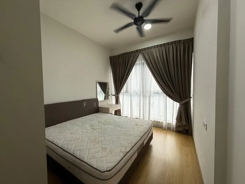 Bedroom features: queen-size bed, upholstered headboard, wooden bedside table, floor-to-ceiling windows, sheer curtains, dark brown curtains, 5-blade ceiling fan, recessed downlights, light-colored walls, laminate flooring, mirror on wall; style: modern.