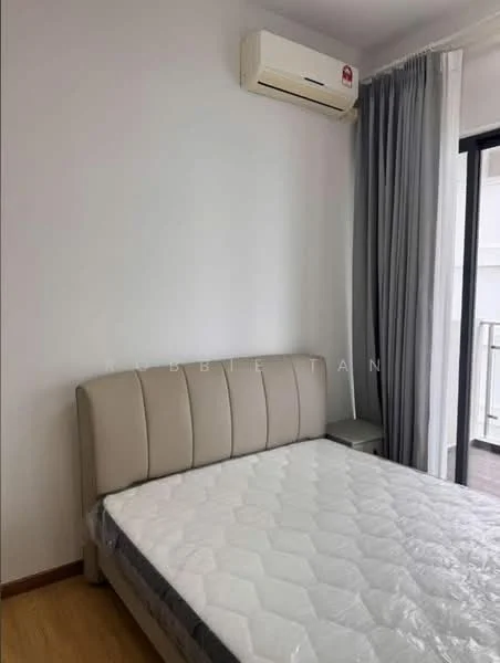 Bedroom features: queen-size bed, upholstered headboard, wall-mounted split AC, grey curtains, white painted walls, wooden flooring, nightstand, floor-to-ceiling window; style: modern.