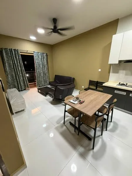 Living features: cream painted walls, glossy white tile flooring, 5-blade ceiling fan with light, sofa in dark grey fabric, dining table with 4 chairs, curtains with floral pattern, kitchen cabinetry in dark grey, built-in stove, open layout, window with city view; style: modern; view: city.