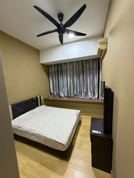 Bedroom features: queen-size bed, 5-blade ceiling fan with light, floor-to-ceiling window, grey sheer curtains, wooden flooring, wall-mounted bedside table, decorative wall sconce, neutral painted walls; style: modern.