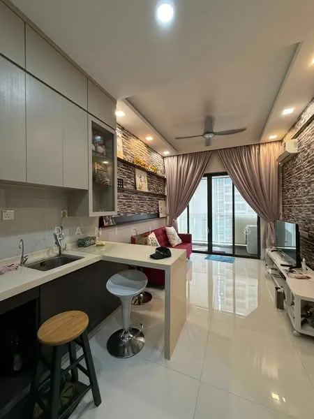 Kitchen features: grey cabinetry, white countertop, single-bowl stainless-steel sink, chrome pull-down faucet, built-in oven, stainless-steel range hood, ceramic tile flooring, recessed downlights; style: modern. Living features: 3-seater fabric sofa in red, TV console, wall-mounted TV, decorative wall with stone cladding, curtains, ceiling fan, white tiled flooring, area rug; style: modern; view: city.